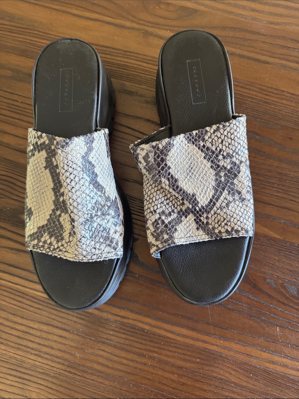 Topshop Snake-Print Platform Slide Mules in Black and Gray - Picture 8 of 9
